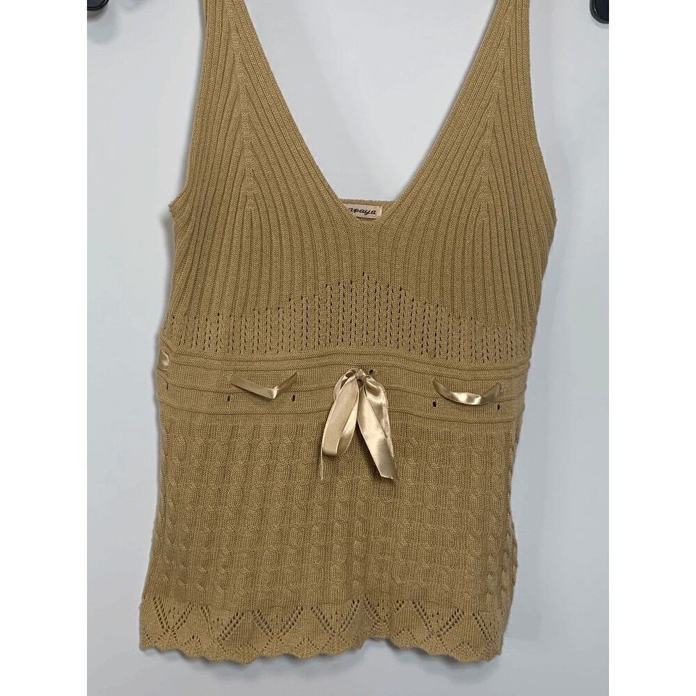Papaya Women's Rib Tight-Knit Belted Ribbon Eyelet Accent Green Tank Top Size M